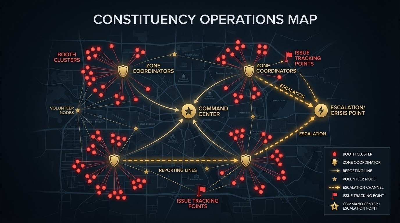 Constituency operations map showing booth clusters, zone coordinators, volunteer nodes, issue tracking, and escalation channels.