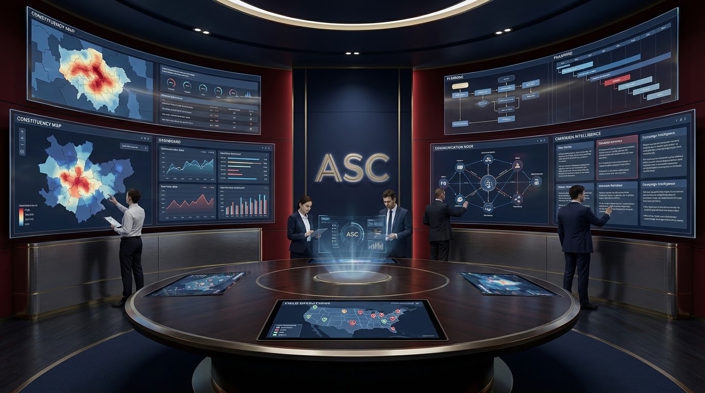 Campaign command center with constituency maps, dashboards, and decision desks.