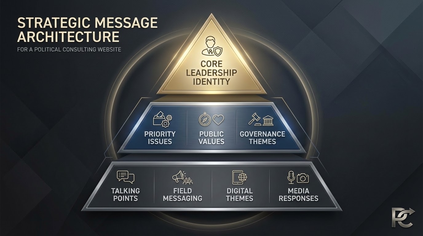 Alternative strategic message architecture pyramid with leadership identity, priority issues, public values, governance themes, and communication layers.