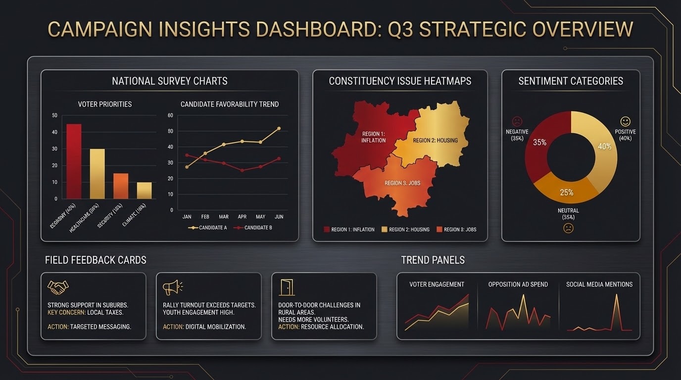 Campaign insights dashboard with survey charts, constituency issue heatmaps, field feedback cards, and sentiment categories.